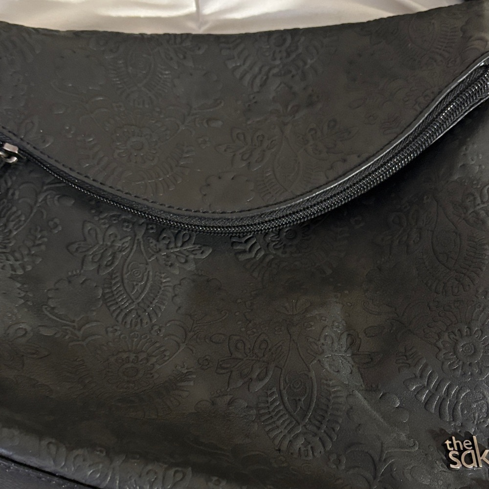The Sak Black Hobo Floral Embossed Leather Crossbody Purse - Picture 3 of 10
